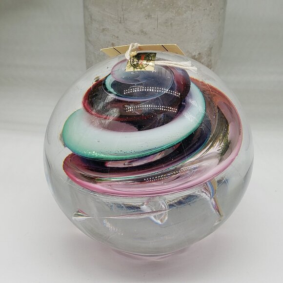 Marian Pyrcak Signed Pink Blue White Swirl 24% Crystal Glass Paperweight - Picture 2 of 8